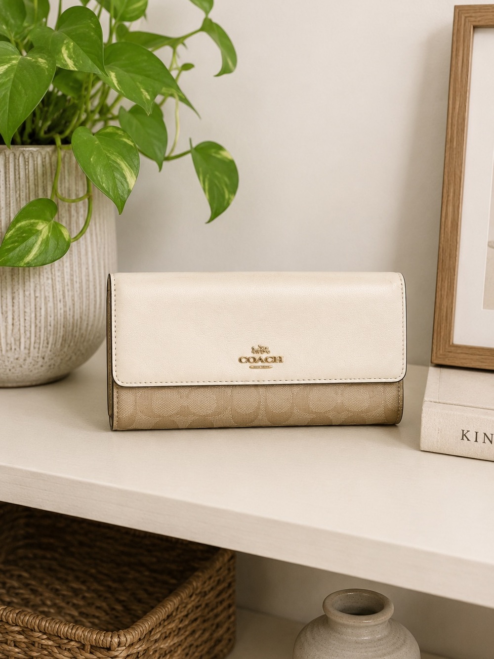 Coach Signature Canvas Wallet Khaki Chalk Leather Flap Long Wallet Organizer